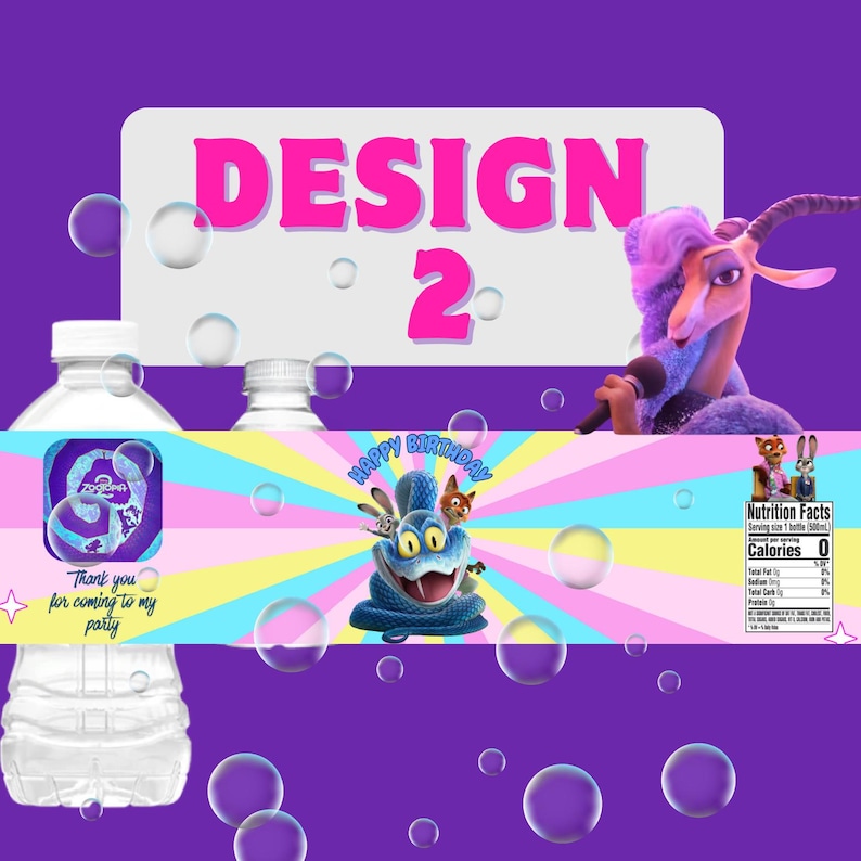 May include: Water bottle labels with a purple and pastel design. The labels feature cartoon characters, the text "DESIGN 2", and "HAPPY BIRTHDAY". The bottles are clear, and the background is purple with bubbles.