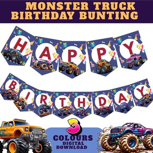 Monster Truck Birthday Banner, 3 Color Party Garland (Digital Download)
