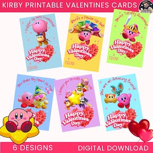 以下が含まれることがあります： カービィのキャラクターが描かれた、印刷可能なバレンタインデーカード6枚のセット。各カードは、カラフルな背景、ハートのアクセント、そして「Happy Valentine's Day」のテキストが特徴です。