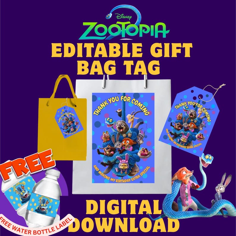 ズートピア2 ギフトバッグラベル、印刷可能な誕生日パーティーの記念品タグ（デジタルダウンロード） 画像 1