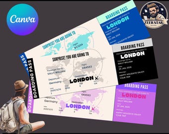 Editable Surprise Trip Ticket, Custom Boarding Pass (Canva Template)