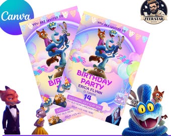 Zootopia 2 Geburtstagseinladung, bearbeitbare Canva-Vorlage (digitaler Download)