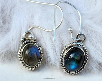 Handmade Labradorite Hook Earrings, 925 Sterling Silver Gemstone Jewelry