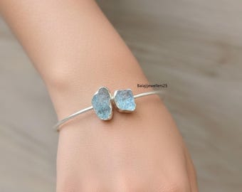 Brazalete de plata de ley con aguamarina en bruto hecho a mano, pulsera ajustable con piedras preciosas
