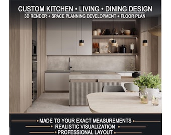 Visualización 3D personalizada de cocina y sala de estar / Diseño de interiores moderno / Renders realistas