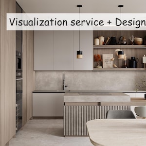 May include: A modern kitchen interior featuring light wood cabinetry, matte gray upper cabinets, and a central island with a fluted base. Open shelving displays various kitchenware and decor. The text "Visualization service + Design" is overlaid.