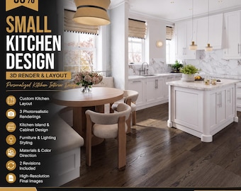 Kitchen 3D Render + Measured Floor Plan | Small Kitchen Layout & Cabinet Design