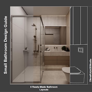 Puede incluir: Imagen de una guía de diseño de baño moderno con el texto "Small Bathroom Design Guide" y "8 Ready-Made Bathroom Layouts". La imagen muestra un baño contemporáneo con ducha de cristal, inodoro y tocador.