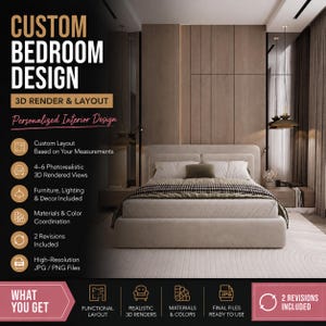 Puede incluir: Un servicio de diseño de dormitorio personalizado con un render 3D de una cama tapizada en beige con una manta a cuadros. El gráfico incluye texto que detalla diseños personalizados, vistas 3D fotorrealistas, muebles, iluminación y decoración.