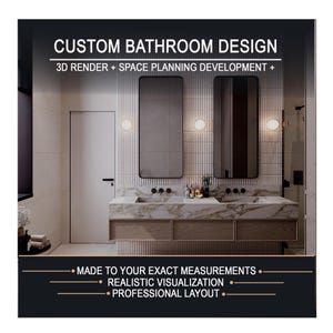 Paquete de diseño de baño: render 3D, plano de plomería y elevaciones de pared