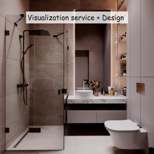 Op de afbeelding: Een badkamerinterieur met een glazen douchecabine met zwarte armaturen, een witte waskom op een marmeren wastafelmeubel en een hangend toilet. De tekst Visualization service + Design is zichtbaar bovenaan de afbeelding.