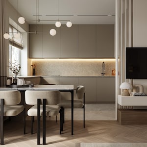 May include: A dining area featuring a marble-topped table with black metal legs and four upholstered chairs with black vertical back supports. A modern multi-globe pendant light hangs above, while a kitchen with taupe cabinets is visible behind.