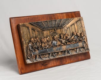 Bajorrelieve 3D de la Última Cena en yeso, soporte de madera, icono ucraniano bendito, regalo de arte religioso de yeso hecho a mano de Ucrania, decoración de altar
