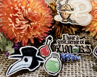 Plague Pins: Wooden Plague Doctor and Potion Themed Pins