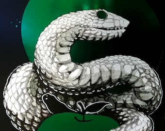 Knowledge- Ink Painted Green and Red Foil Snake Mini Poster (11x17")