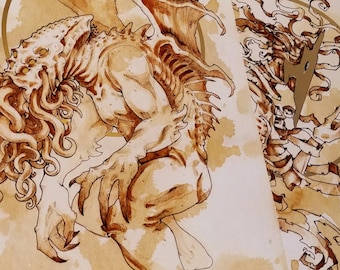 Old Ones- Coffee Painted Gold Foil Lovecraft Posters: Cthulhu, Hastur, Nyarlathotep