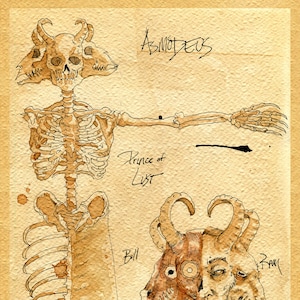 Puede incluir: Una ilustración dibujada a mano de un demonio llamado Asmodeo, el Príncipe de la Lujuria. El demonio se representa como una figura esquelética con una cola de serpiente y tres cabezas: una cabeza humana, una cabeza de toro y una cabeza de carnero. La ilustración está hecha con tinta marrón sobre un fondo beige.