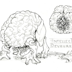 Op de afbeelding: Een zwart-witte illustratie van een wezen met een hersenenachtig lichaam en vier poten. Het wezen hurkt met zijn hoofd naar beneden. De tekst "INTELLECT DEVOURER" staat onder het wezen.