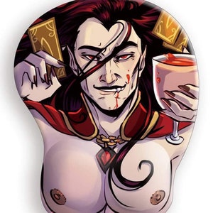 May include: A red and gold mousepad with a cartoon image of a vampire holding a glass of red liquid and playing cards. The vampire has long dark hair and red eyes. The text "MIIATAK" is visible in the bottom left corner.