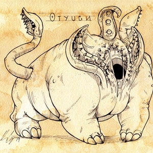 May include: A black and white line drawing of a grotesque creature with multiple mouths and a long, thin tail. The creature is labeled "OTYUGIN".