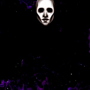 May include: A white mask with a neutral expression against a dark purple and black background with white speckles.
