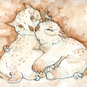 May include: Watercolor illustration of two fantastical creatures, one resembling an owl and the other a rabbit, embracing. The creatures are white with brown spots and details, set against a sepia-toned background with feather accents.