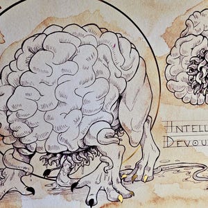 May include: A black and white ink drawing of a creature with a brain-like head and a long tail. The creature is labeled "Intellect Devourer".