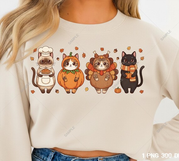 Thanksgiving Cats PNG – Siamese, Calico, Tabby & Black Cat in Fall Costumes – 300 DPI Transparent Sublimation Design, Instant Download.
