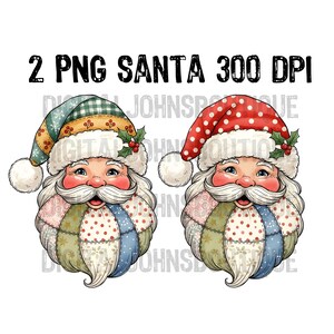 Könnte beinhalten: Zwei Illustrationen des Weihnachtsmanns mit Patchwork-Designs. Einer trägt einen roten Polka-Dot-Hut, der andere einen grün-gelb karierten Hut. Beide haben weiße Bärte, rosige Wangen und Stechpalmenakzente. Der Text lautet "2 PNG SANTA 300 DPI".