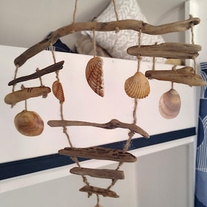 Natural, seaside wall hanging made of driftwood and shells, unique handmade decoration.
