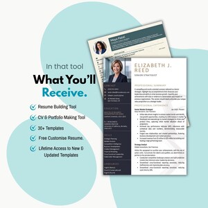 May include: Two professional resume templates featuring headshots, contact information, professional summaries, experience, and skills sections. The text "In that tool What You'll Receive" is displayed with a list of five features including resume and portfolio tools.