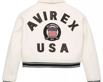 Handmade Avirex White Leather Bomber Jacket | Retro Varsity Outerwear