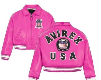 Handmade Avirex Pink Leather Bomber Jacket, Varsity Biker Style