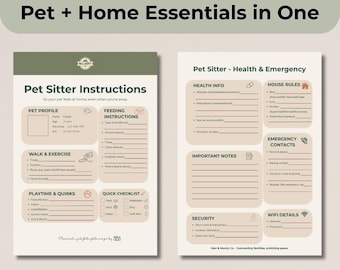 Pet Sitter Instructions Sheet: Dog & Cat Care, Home Info (Instant Download PDF)