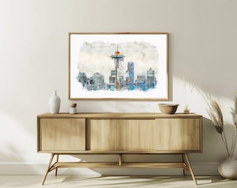 Seattle Space Needle Art Print. Seattle Travel Poster. Seattle Painting. Seattle Poster.