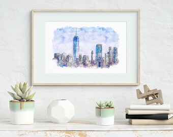 New York World Trade Centre Art Print. New York Travel Poster. Manhattan Skyline Painting. New York City Poster. NYC Poster.