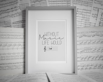 Without Music Life Would B Flat. Music Notation Print. Music teacher. Music studio wall art. Music room print and design. Music stave print.