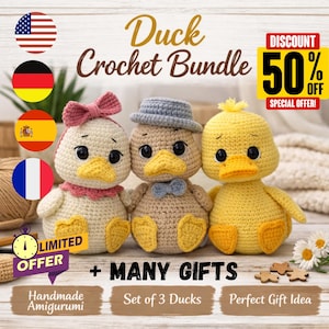 May include: A crochet bundle featuring three adorable duck amigurumi. One duck has a pink bow, another a blue hat and bow tie, and the third is yellow. The image includes text that says "Duck Crochet Bundle", "Handmade Amigurumi", and "Set of 3 Ducks".