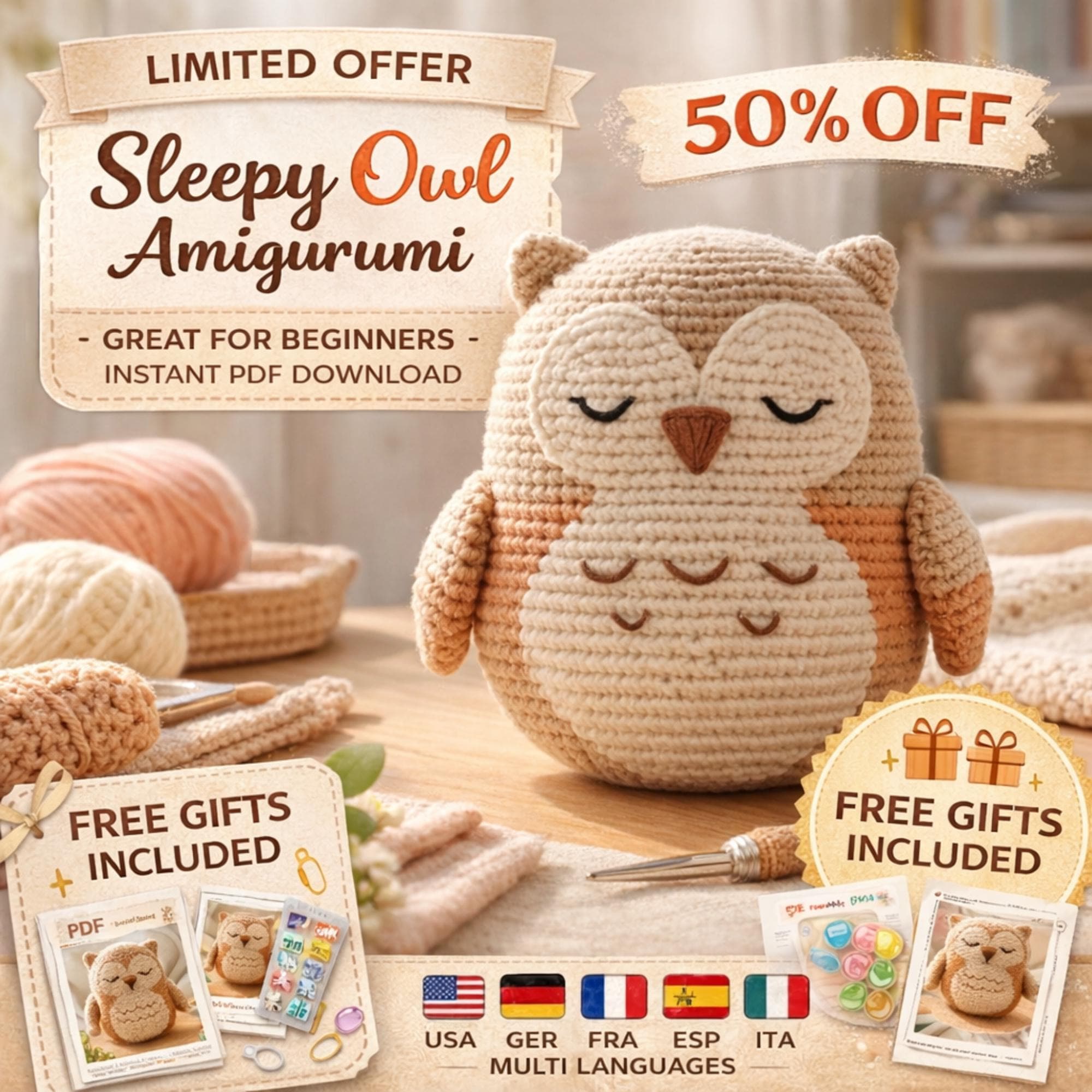 Sleepy Owl Amigurumi Crochet Pattern (En/De/Fr/Es/It), Cute Owl Children Toy, Amigurumi Pattern , D