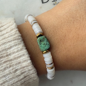 Handmade Boho Shell and African Turquoise Bracelet - Stainless Steel Handmade Jewelry