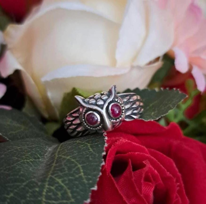 oxidized Sterling Silver Owl Ring with red ruby eyes signet ring