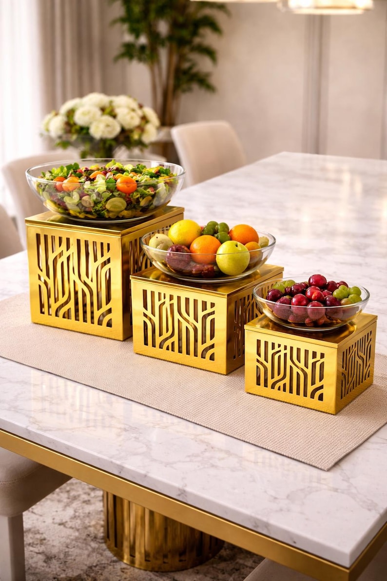 Assorted Gold Risers Gold Geometric Buffet Risers Set of 3 | Modern Metal Display Stands for ...