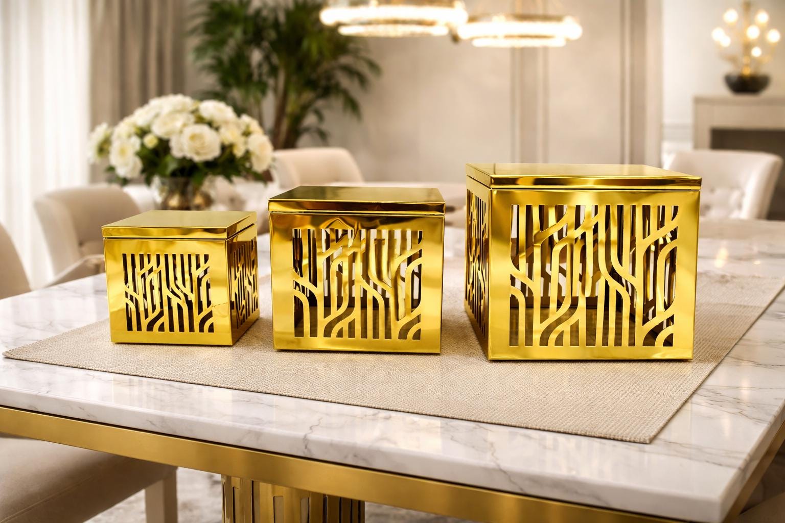Assorted Gold Risers Gold Geometric Buffet Risers Set of 3 | Modern Metal Display Stands for ...