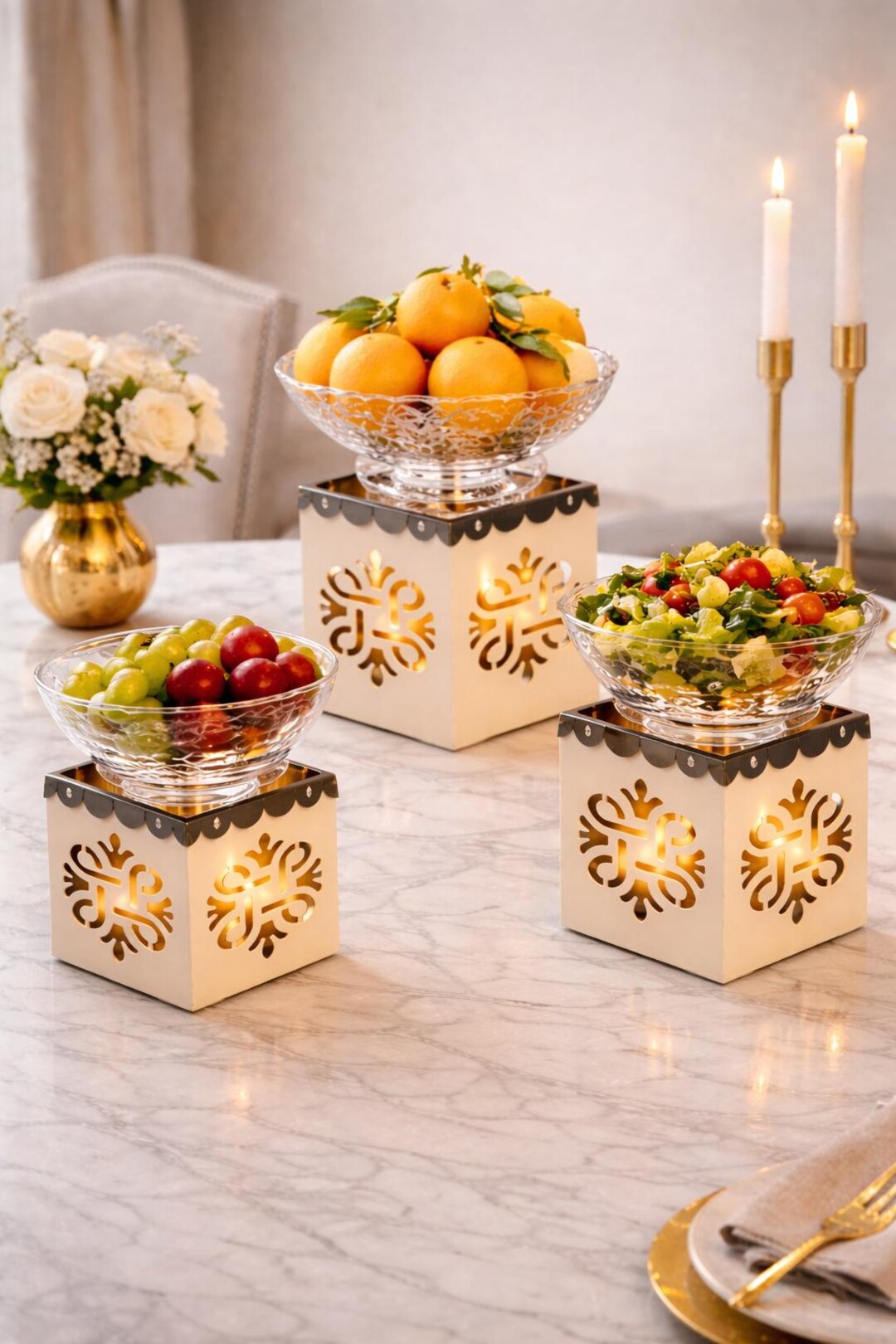 Unique Buffet Riser Set of 3 Iron Risers – White Finish Cutwork Buffet ...