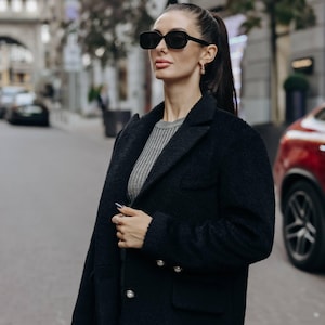 Black Wool Coat – Handmade  Belted Overcoat, Italian Wool, Size M, Elegant Winter Coat with English Collar