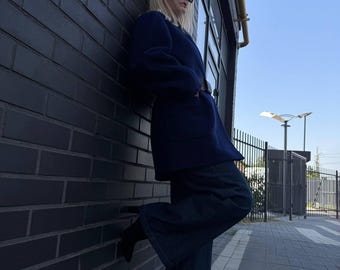Dark Blue Wool Coat, Minimalist Long Sleeve Jacket, Elegant Women’s Outerwear