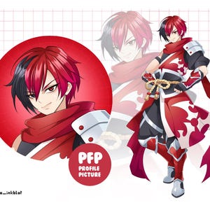 Peut inclure: Illustration de style anime d'un personnage aux cheveux rouges et noirs, portant une écharpe et une tenue rouges. L'image comprend un cercle de photo de profil avec le texte "PFP PROFILE PICTURE".