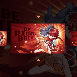 May include: Digital artwork in red and orange tones, featuring an anime-style character with red hair and a blue and white creature. Text includes "BE RIGHT BACK" and "STARTING SOON". The overall theme is gaming.