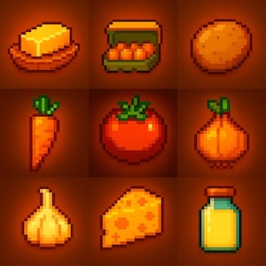 Cozy Kitchen Pixel Art Icon Pack – 30 Transparent PNGs – Digital Download for Games, Stickers & Crafts