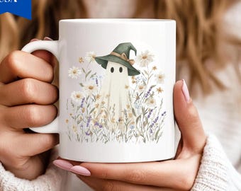 Bonita taza de fantasma estilo cottagecore, tazas de brujas espeluznantes para amantes de los fantasmas, taza de regalo de Halloween, tazas de otoño, taza de fantasma con flores silvestres